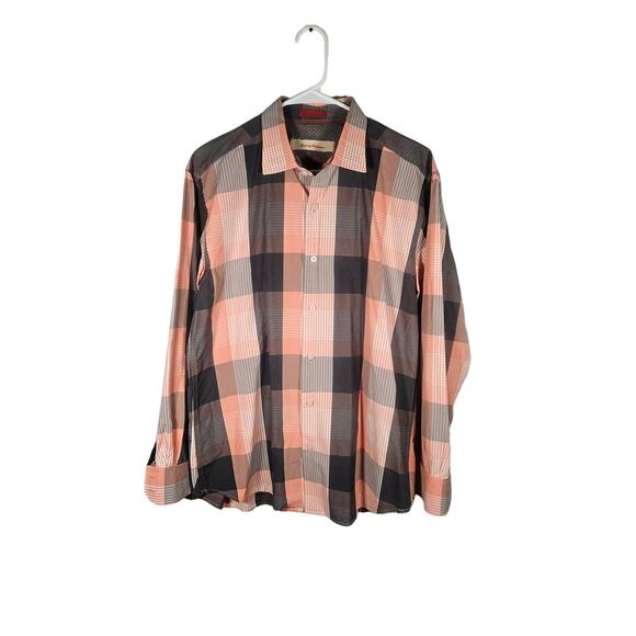 Tommy Bahama Mens Button Down‎ Shirt Orange Gray Plaid Large Cotton/Silk - Picture 1 of 7
